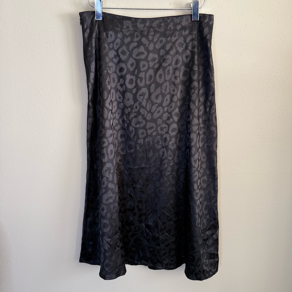 Black Satin Leopard Print Bias Cut Midi Slip Skirt Animal Print M